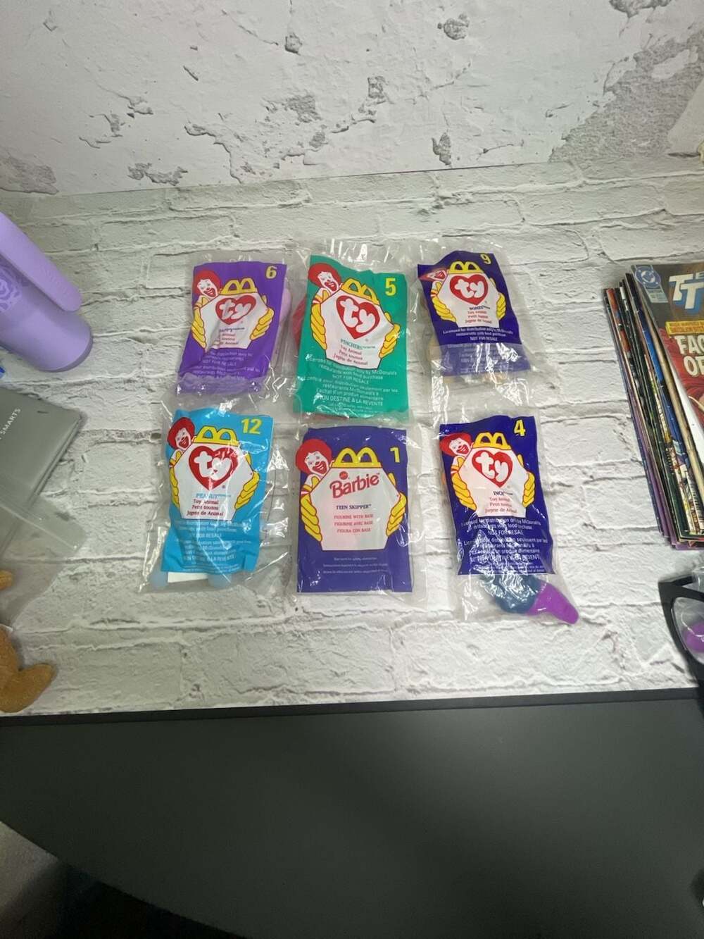 Lot of 6 Vintage 1998 McDonald's Happy Meal Toys. Beanie Babies & Barbie.